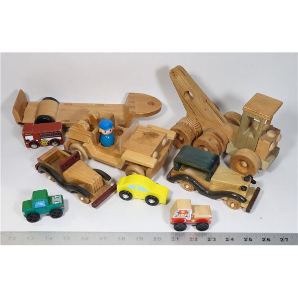 LOT OF WOODEN TRUCKS AND CARS. 2 FIGURES