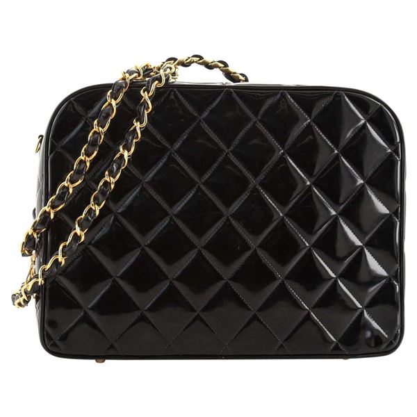 Chanel Vintage Black Quilted Patent Leather Chain Large Lunch Box Bag
