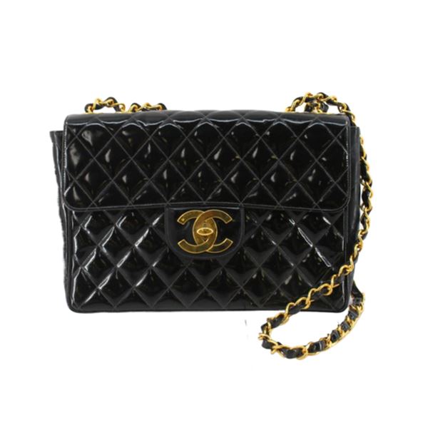 Chanel Black Quilted Patent Jumbo Flap Shoulder Bag