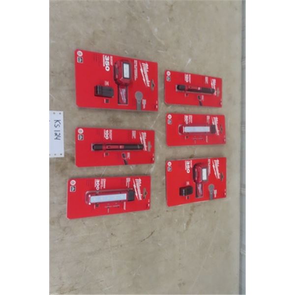 6 New in Package Milwaukee Flashlights - 2 Pen Lamps, 2 Magnetic Flood Lights, 2 Head Lamps