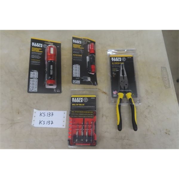 2 Klein Tool Flashlights, Drill Tap Tool Kit, All Purpose Pliers - All New 
