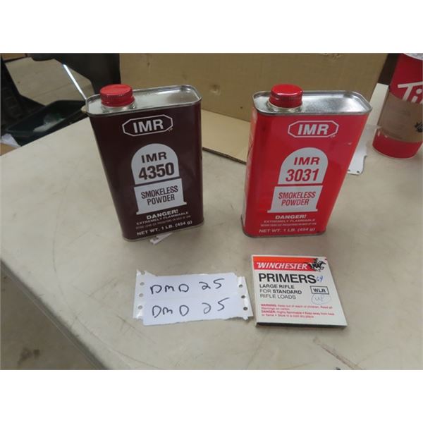 2 Reload Powders ; 1MR 4350 2/3 Full, 1 MR 3031 3/4 Full + Package 100 LG Riffle Primers