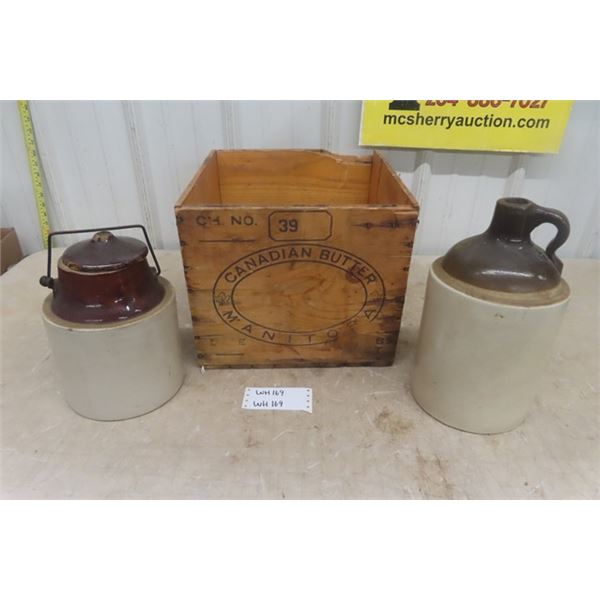 1 Crock Jug, 1 Crock Pickle Pot, Canadian Butter Box