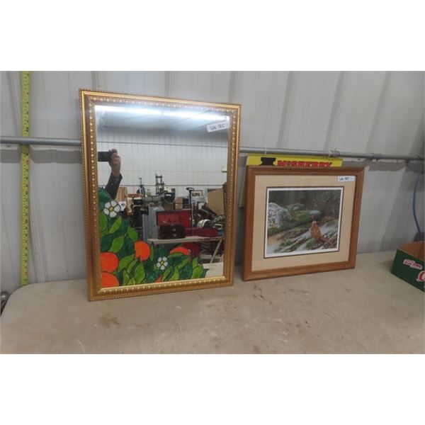 Unique Mirror with Painted Oranges and Flowers 21''x27'' , Signed Herbert Piki Pheasent Picture 18x2