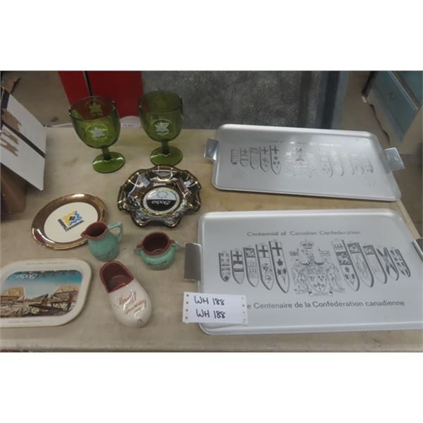 2 Confederation of Canada Centennial Trays, Expo 67 Tray and Ashtray, 2 Canada Centennial Goblets, W