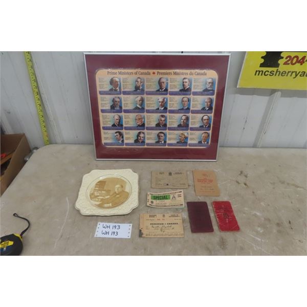 Prime Ministers of Canada Framed Picture 20x16'' , Winston Churchill Plate, Ration Books, Citizenshi