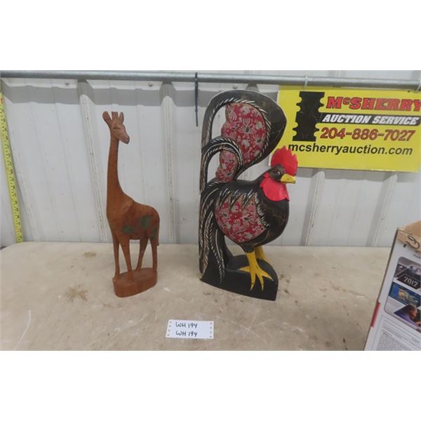 Wood Carved Painted Rooster and Giraffe - Rooster is 20'' Tall 