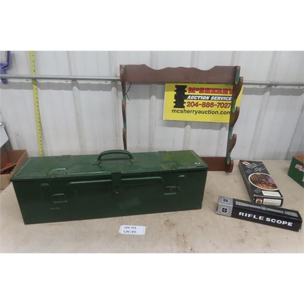 1944 Green Ammo Box 31x9x9'' , Rifle Scope, Gun Cleaning Kit, Wood Gun Rack 