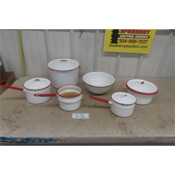 Assorted Red and White Enamel Ware - Pots, Lids, Bowls 