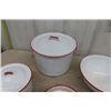 Image 4 : Assorted Red and White Enamel Ware - Pots, Lids, Bowls 