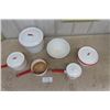 Image 5 : Assorted Red and White Enamel Ware - Pots, Lids, Bowls 
