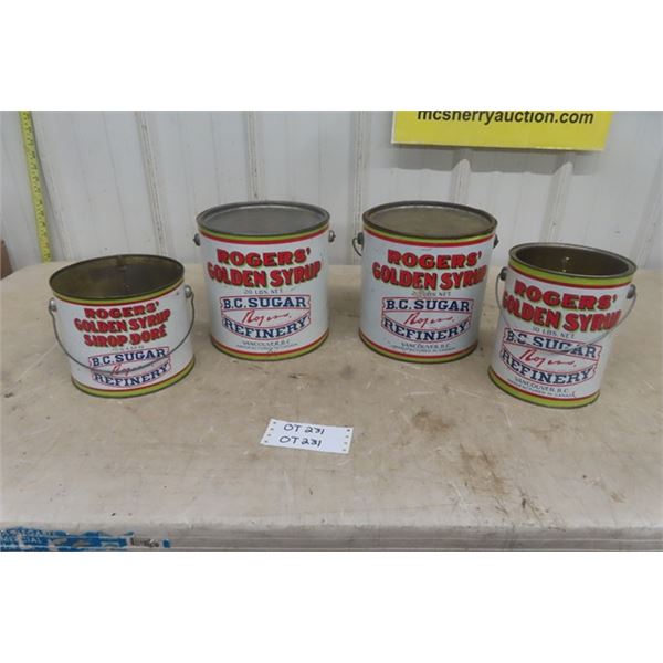 4 Rogers BC Sugar Golden Syrup Tin Cans - 2 20 Pound, 2 10 Pound , 2 with Lids, All Have Handles 