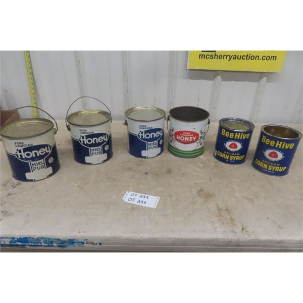 6 Vintage Honey and Corn Syrup Tins 