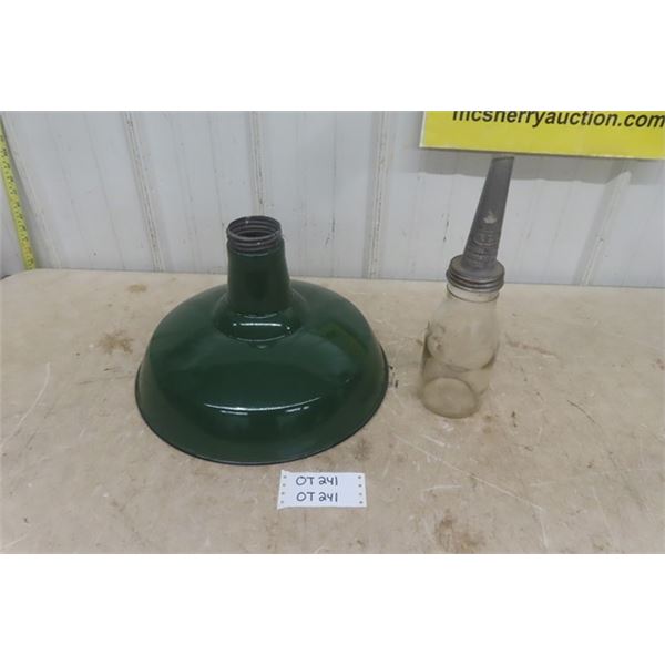 Vintage Glass Oiler with Spout , 16'' Green Porcelain Barn/Service Station Light 