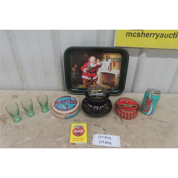 Coca Cola Tray , 3 Coke Glasses, Planter Tin, Jar Lid, Watkins Tin, Plus More