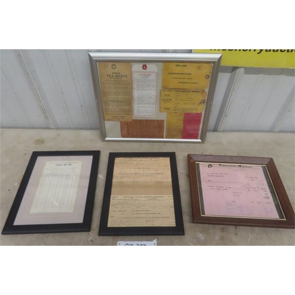 Framed Johnson Sea Horse Literature 15x13'', 3 Assorted Framed Receipts- North Star Oil, CP Express,