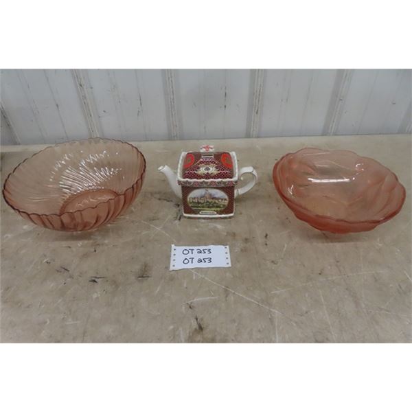 2 Glass Bowls,  Windsor Castle Tea Pot 