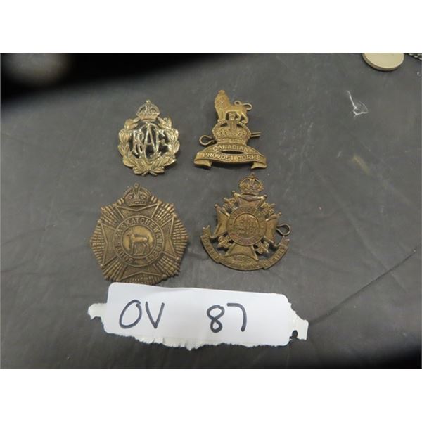 4 Military Brass Badges : RCAF, Canadian Provost Corps, 1885 Canadian Written in French, South Saska