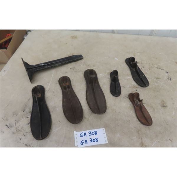 Assorted Cast Iron Cobbler Tools - 1 Stand + 6 Feet