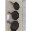 Image 1 : 3 Cast Iron Frying Pans - 10.5", 9.5", 8.5" - 2 Lodge + 1 Unmarked