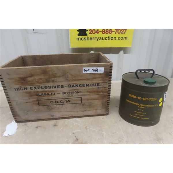 Wooden Dynamite Crate 10" X 11" x 18" + German Military ( i believe) Black Powder Tin - something ex