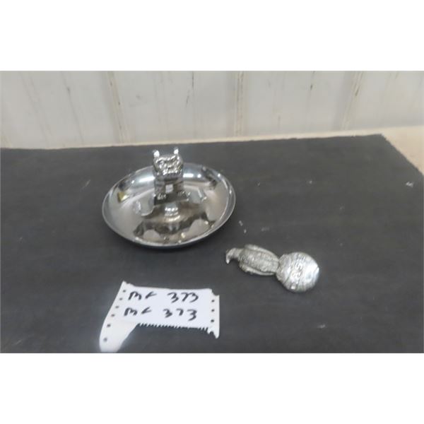 Mack Bull Dog Chrome Ashtray 5" Tall 7" Wide + Chrome Case Emblem Eagle + Globe 4.5" x 1 3/4"   