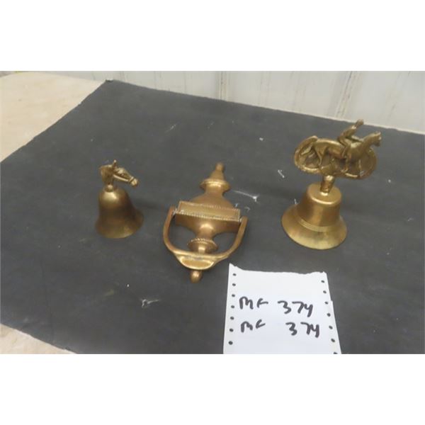 Brass Boor Knocker + 2 Brass Bells with Horse Handles