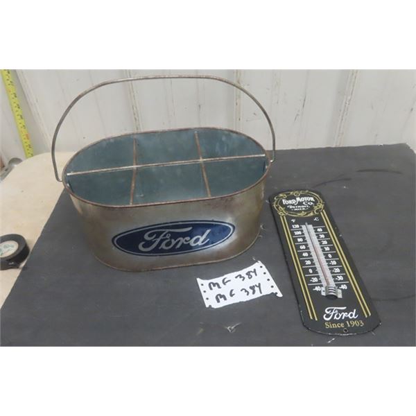 Modern Metal Ford Thermometer 4" x 12" + Tin Oil Bottle Carrier