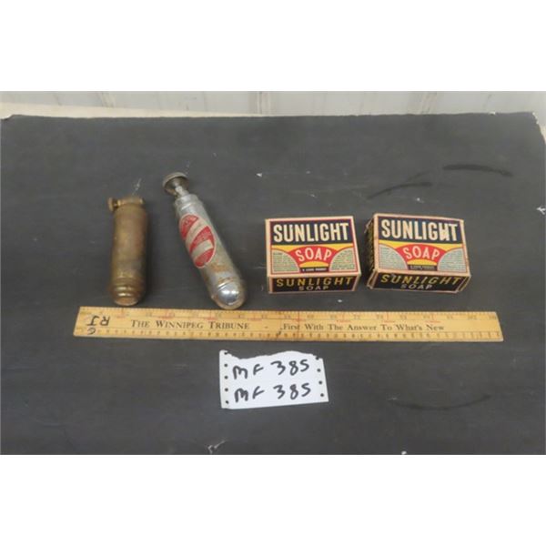 WPG Tribune Ruler, 2 Sunlight Vintage Soaps with Boxes + 2 Mini Fire Extinguishers