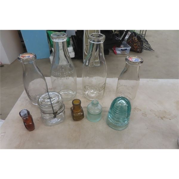 4 Embossed Milk Bottles, 1/2 Pint Sealer, 3 Small Embossed Bottles, Insulator 
