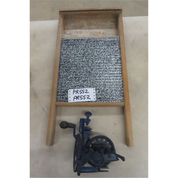 Walter Woods Enamel Wash Board, Hudson Parker Apple Peeler 