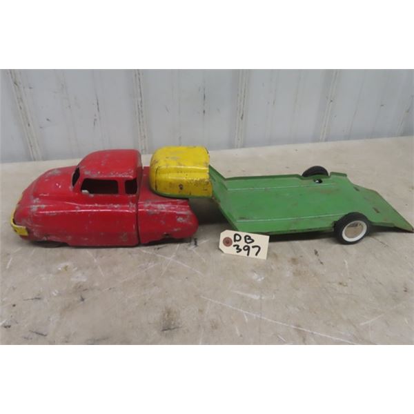 Pressed Metal Truck + Lowbed Trailer Combined Sz 5" x 6.5" x 25" 