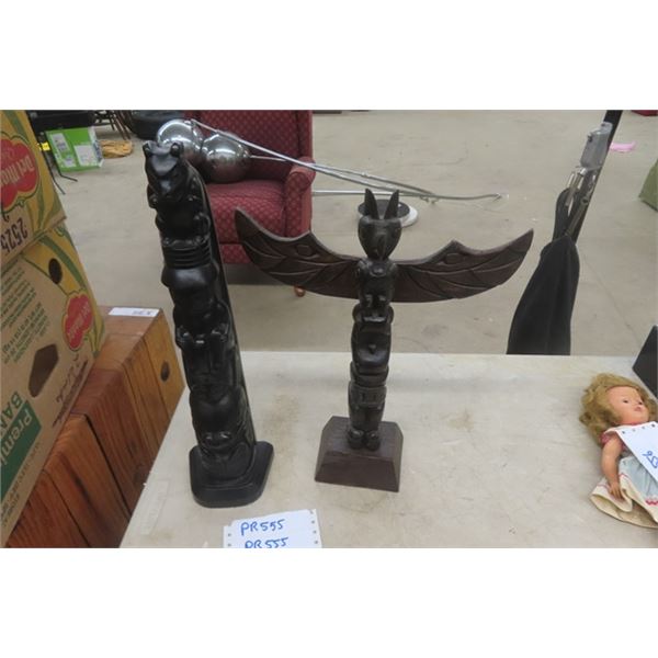 2 Carved Totem Poles - Larger is 16'' and Very Heavy, Marked "Boma Canada"