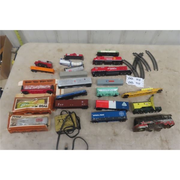 Various Train Items; Tyco Transformer, Cars, Engine, Some Track, some have undercarriage damage