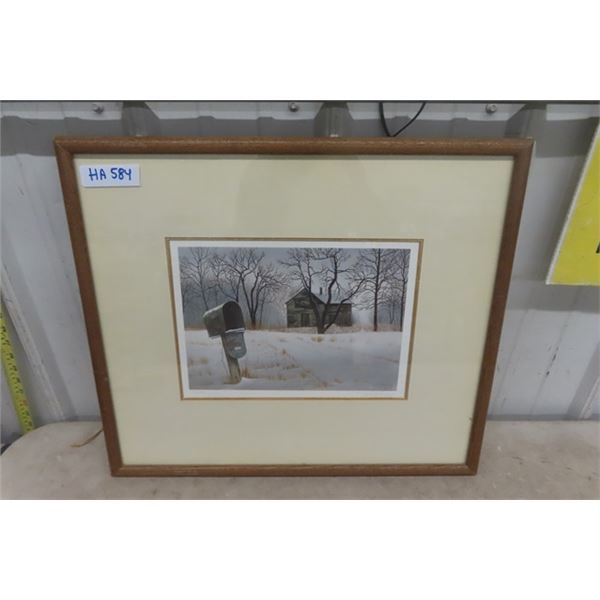 Signed Frame Print "Old Country House in Winter" 21'' x 18'' by Hubert Theroux 