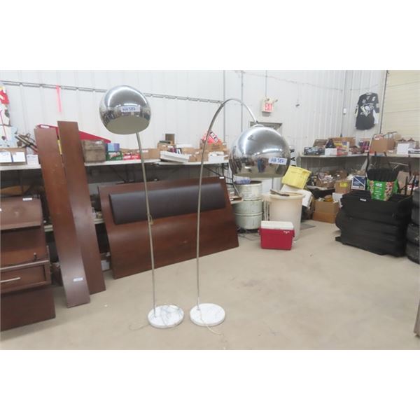 2 Standing Floor Arc Lamps - Marble Base Chrome Head and Stem 