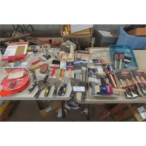 Large Assortment Paint Supplies - Brushes, Roller Sleeves, Scrapers, Trays 