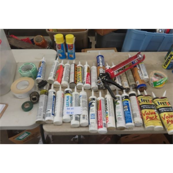 30 Tubes of Caulking, Assorted Tape, Caulking Gun, 2 Foam Sealants 