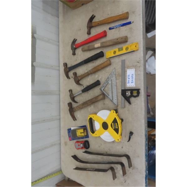 Assorted Hammers, Squares, Prybars, Stud Sensors, Tape Measures, Levels