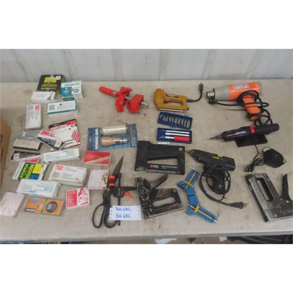 Assorted Staplers, Staples, Heat Gun, Cordless Screwdriver, Sewing Awl, Hand Vice, Plus More 