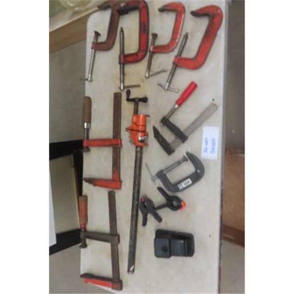 Assorted C Clamps, Table Clamps, Clips, Mouse Trap 