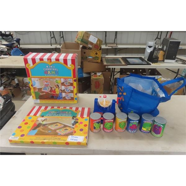 Assorted Kids Toys- Play Foot, Bingo Roller, Cornhole, 4 in 1 Carnival Game 