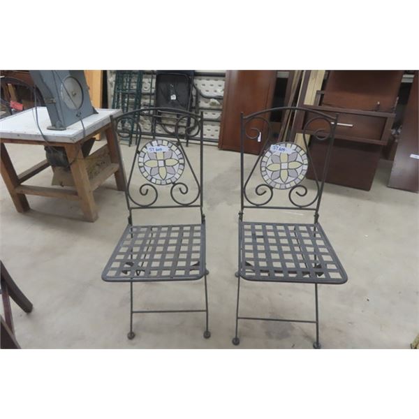 Pair of Heavy Duty Folding Porch Chairs with Ceramic Tile Center Back 
