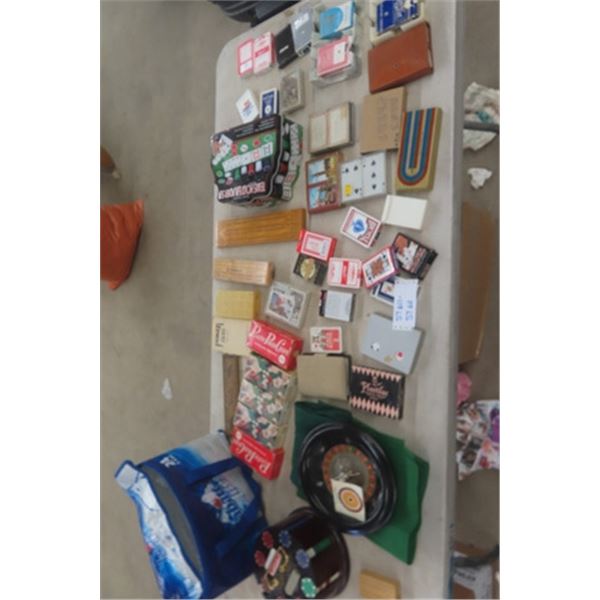 Games Lot- Poker Chips, Crib Boards, Packs of Cards 
