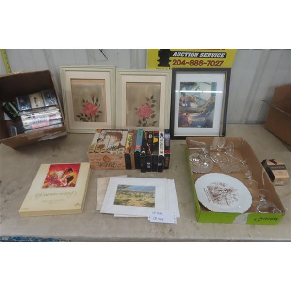 Assorted VHS Movies, 3 Pictures, Cut Glass, Dishware