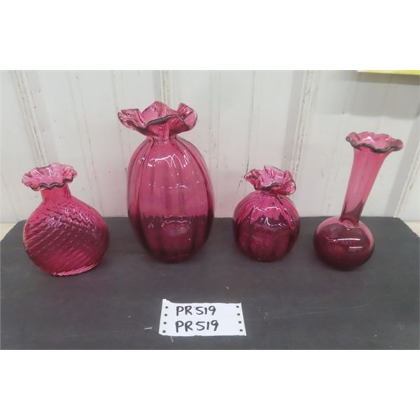 4 Assorted Vintage Cranberry Glass Vases- Tallest is 9'' Tall 