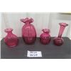 Image 1 : 4 Assorted Vintage Cranberry Glass Vases- Tallest is 9'' Tall 