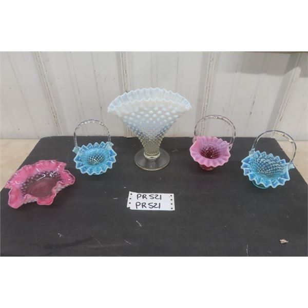 5 Pieces Fenton Glassware - 3 Baskets, 1 Dish, 1 Fan Style Vase 8'' Tall