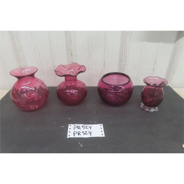4 Pieces of Vintage Cranberry Glass- Vases, Bowl 
