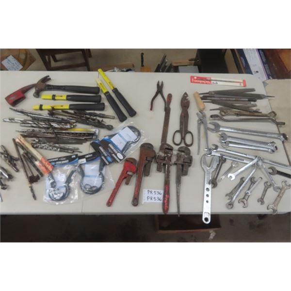 Assorted Tools - Wrenches, Pipe Wrenches, Files, Drill Bits, Hammer Handles, Filter Wrenches, Plus M